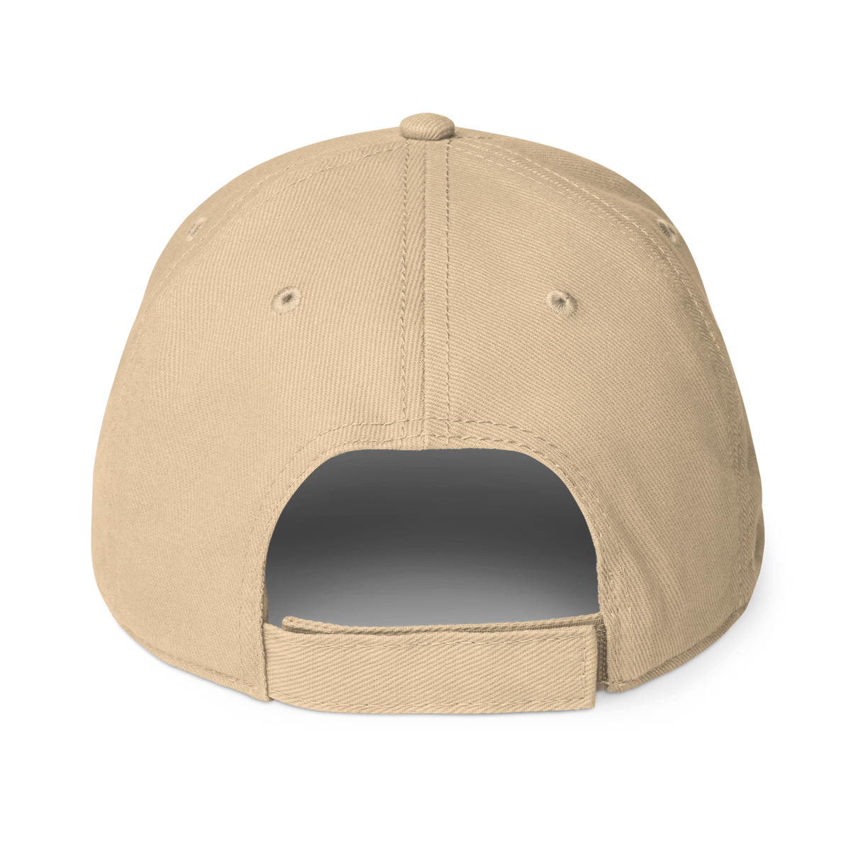Khaki/beige cap with adjustable back strap, curved brim, stitched panels.