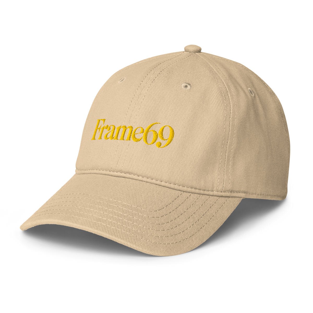 Khaki cap with Frame69 logo on front, curved brim, stitched panels, eyelets.