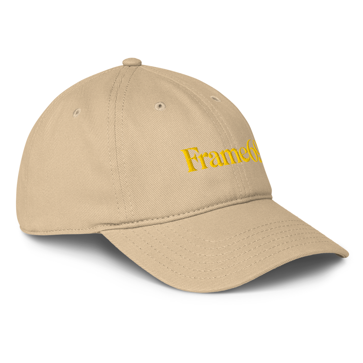 Khaki baseball cap with embroidered Frame69 logo and curved brim