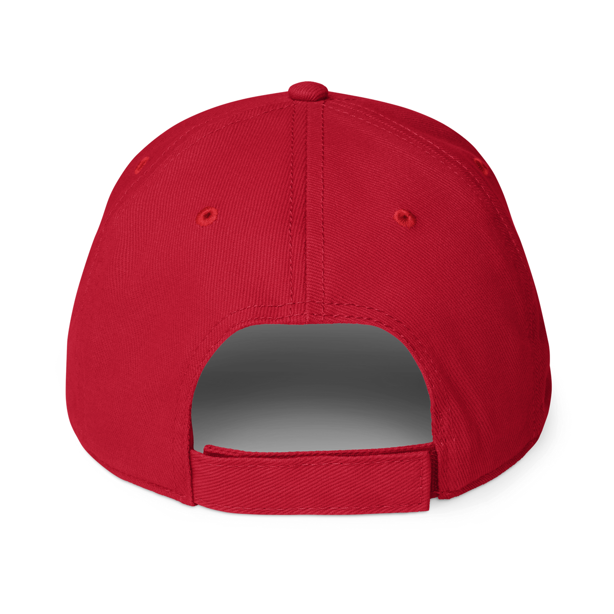 Red cap with adjustable back strap, curved brim, stitched panels.