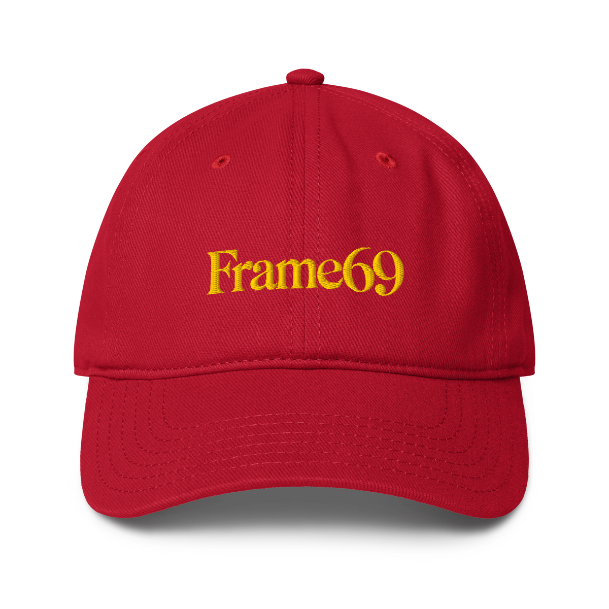 Classic cap in red with embroidered “Frame69” logo on the front panel