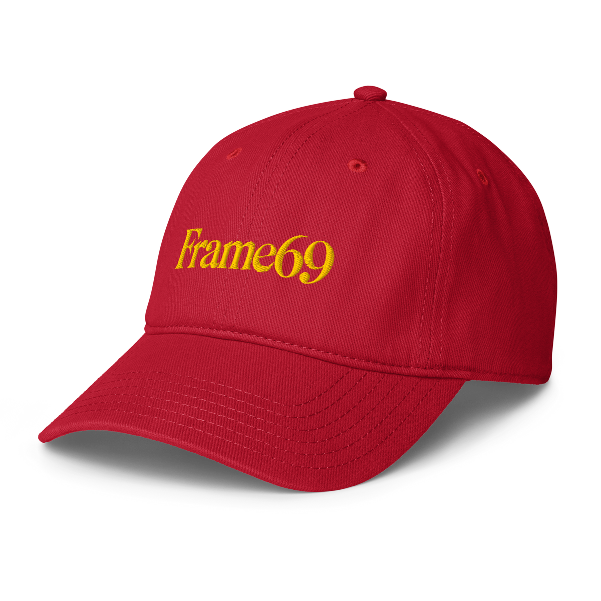 Red cap with Frame69 logo on front, curved brim, stitched panels, eyelets.