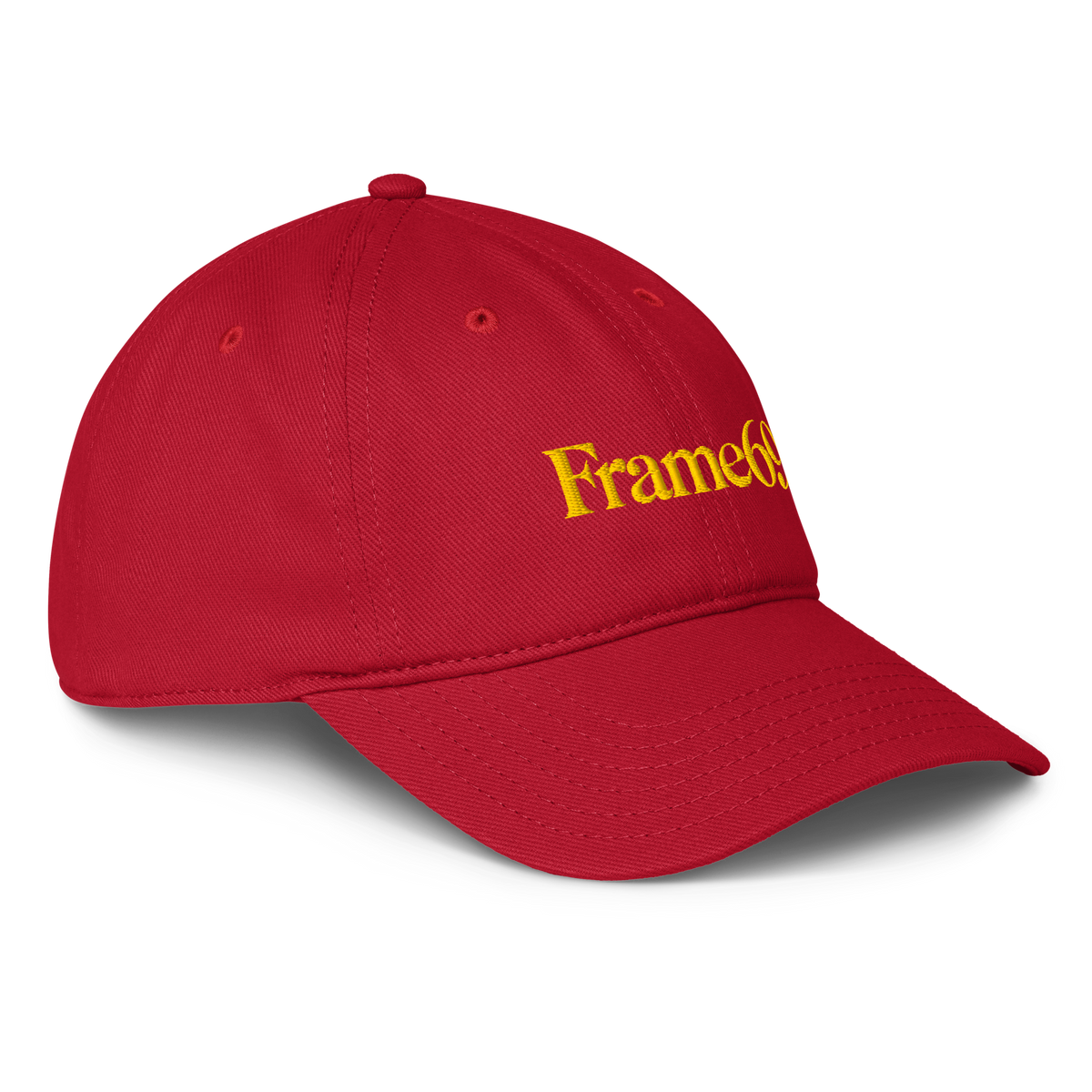 Red baseball cap with embroidered Frame69 logo and curved brim