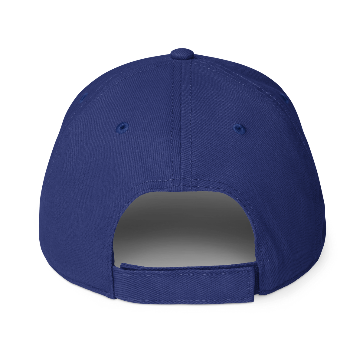 Navy cap with adjustable back strap, curved brim, stitched panels.