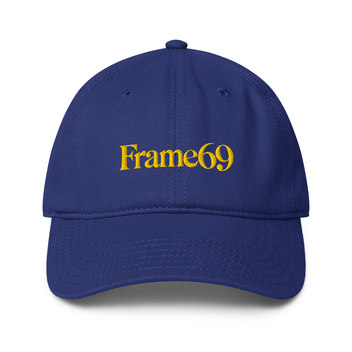 Classic cap in royal blue with embroidered “Frame69” logo on the front panel
