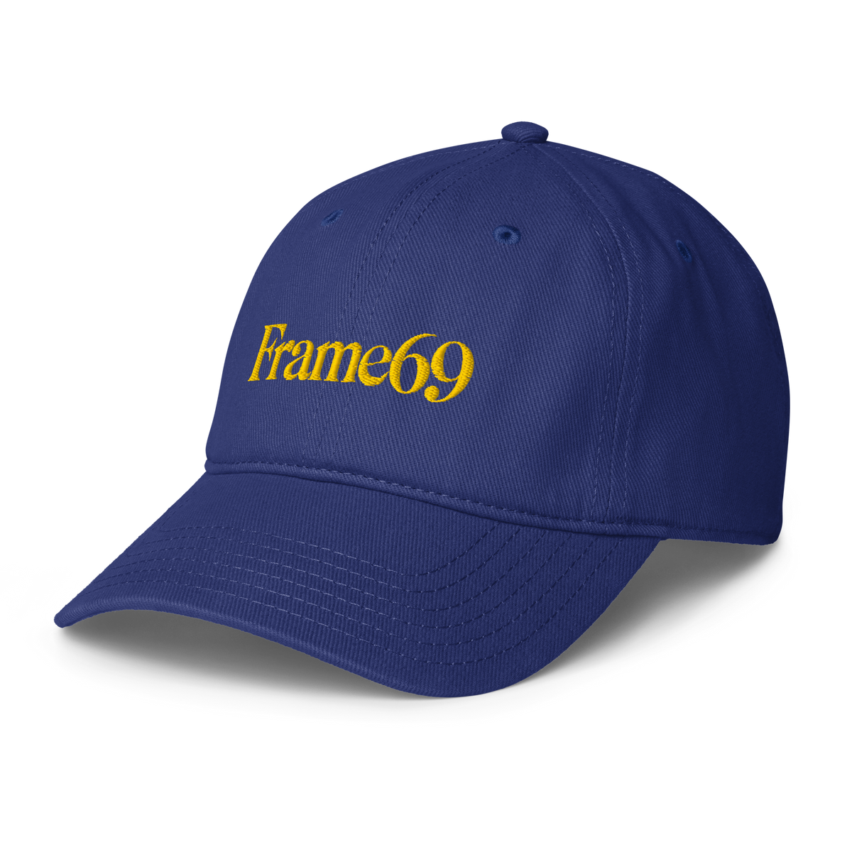 Royal blue cap with Frame69 logo on front, curved brim, stitched panels, eyelets.