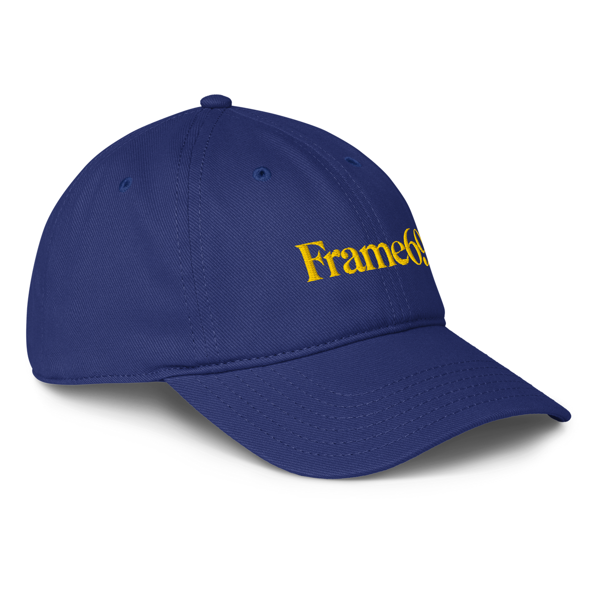 Royal blue baseball cap with embroidered Frame69 logo and curved brim