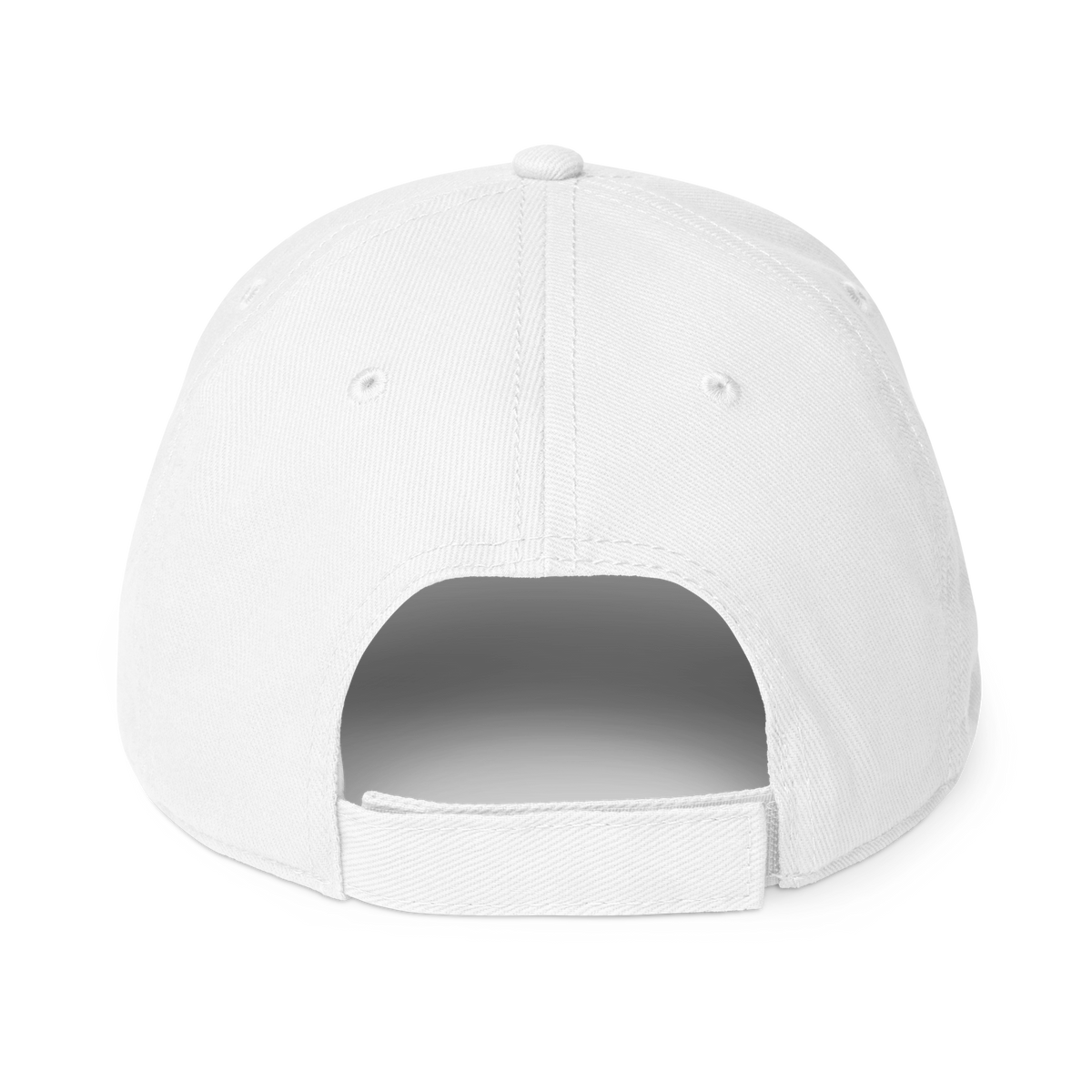 White cap with adjustable back strap, curved brim, stitched panels.