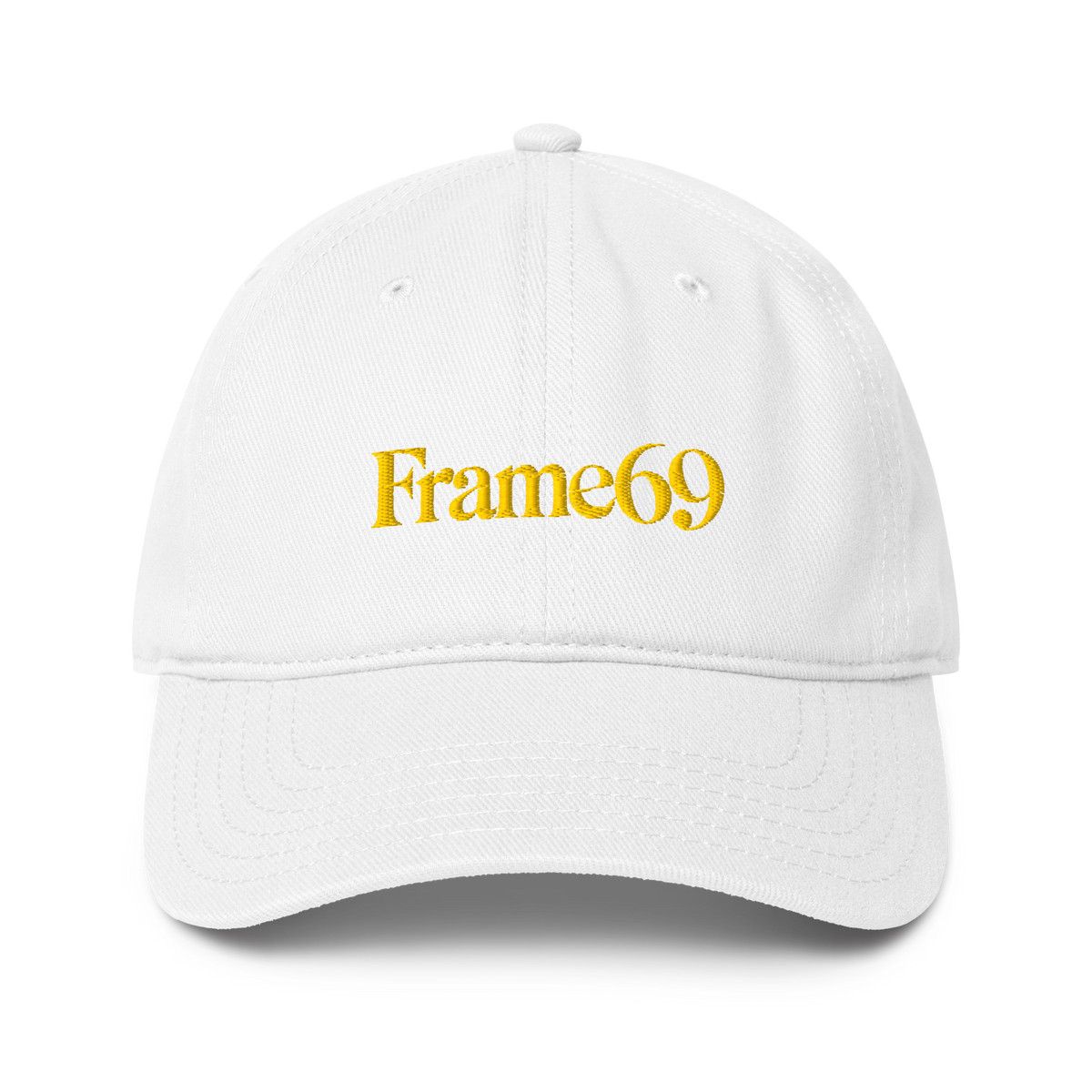 Classic cap in white with embroidered “Frame69” logo on the front panel