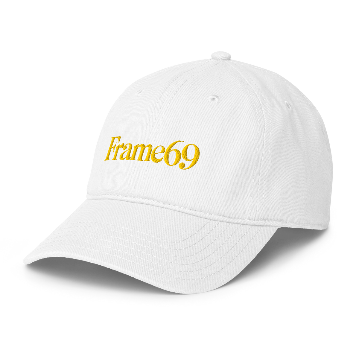White baseball cap with embroidered Frame69 logo and curved brim