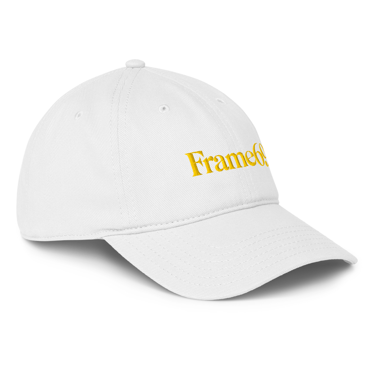 White baseball cap with embroidered Frame69 logo and curved brim, side view