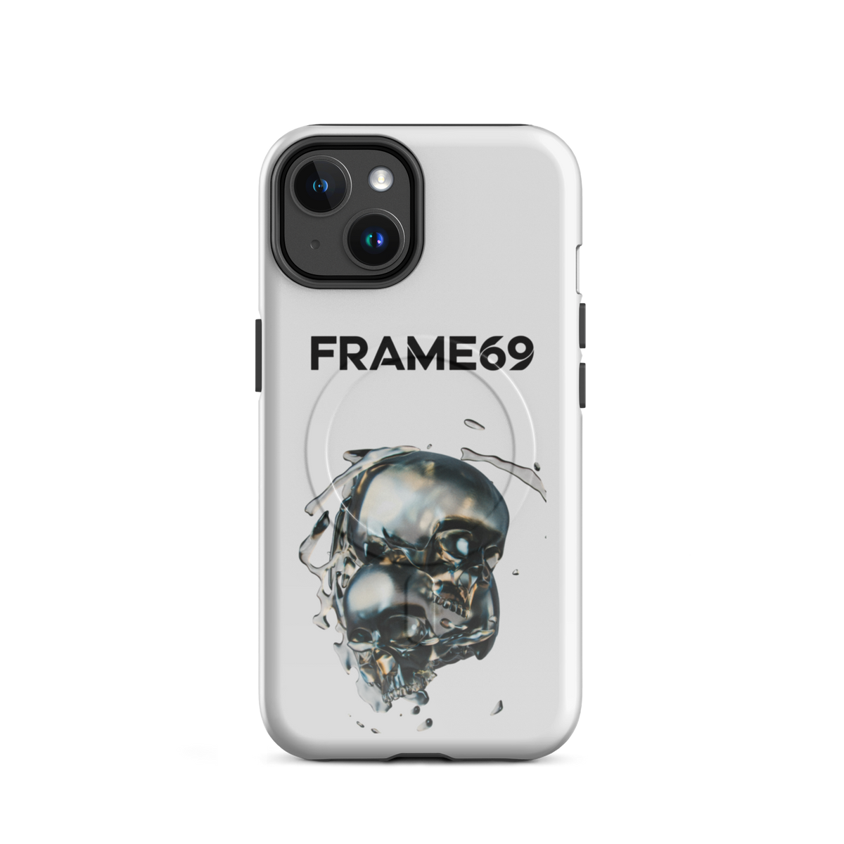 Light gray MagSafe phone case with skull graphic and camera cutouts
