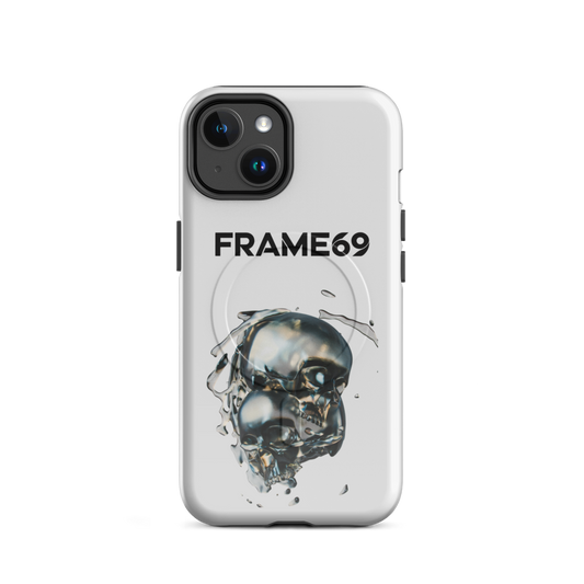 Light gray MagSafe phone case with skull graphic and camera cutouts