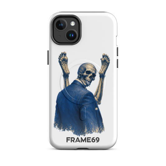Minimal MagSafe phone case, white back with blue skeleton warrior art, camera cutouts.