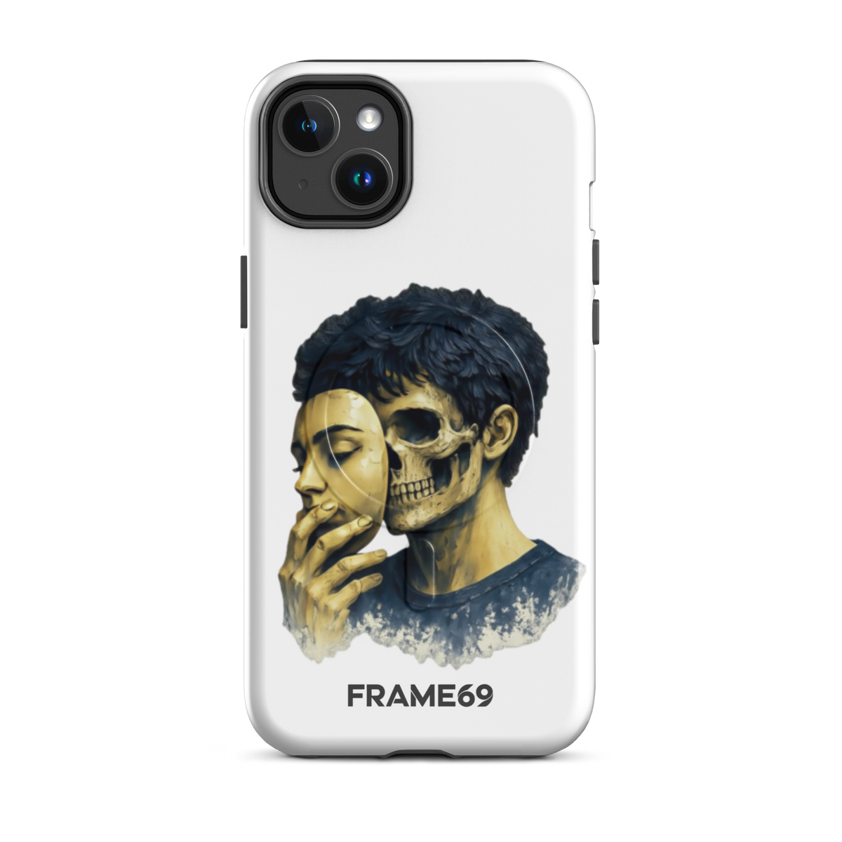Armoured MagSafe phone case with skull portrait artwork on white back and dual camera cutout