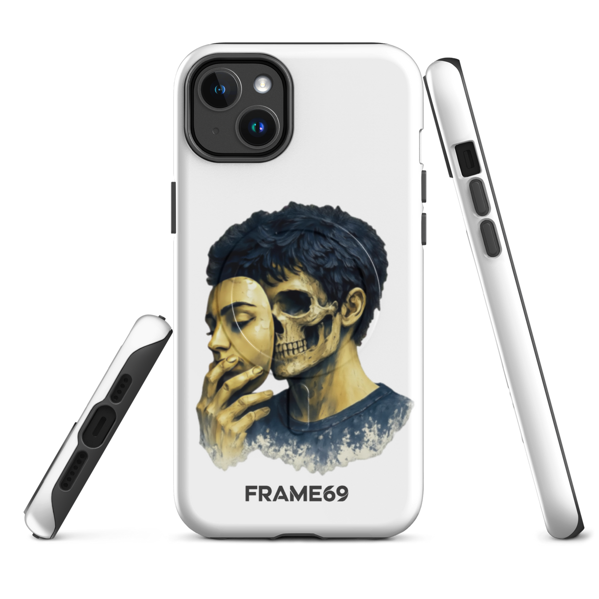 Armoured MagSafe phone case with skull portrait artwork on white back, plus side view with buttons