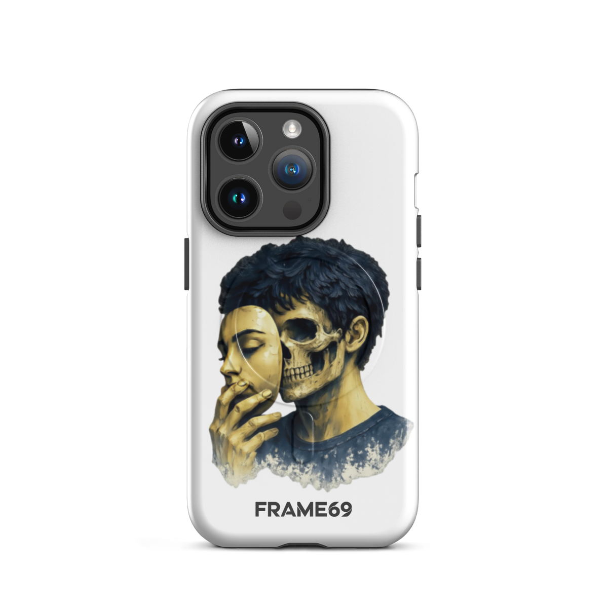 Armoured MagSafe phone case with skull portrait artwork on white back and triple-lens camera