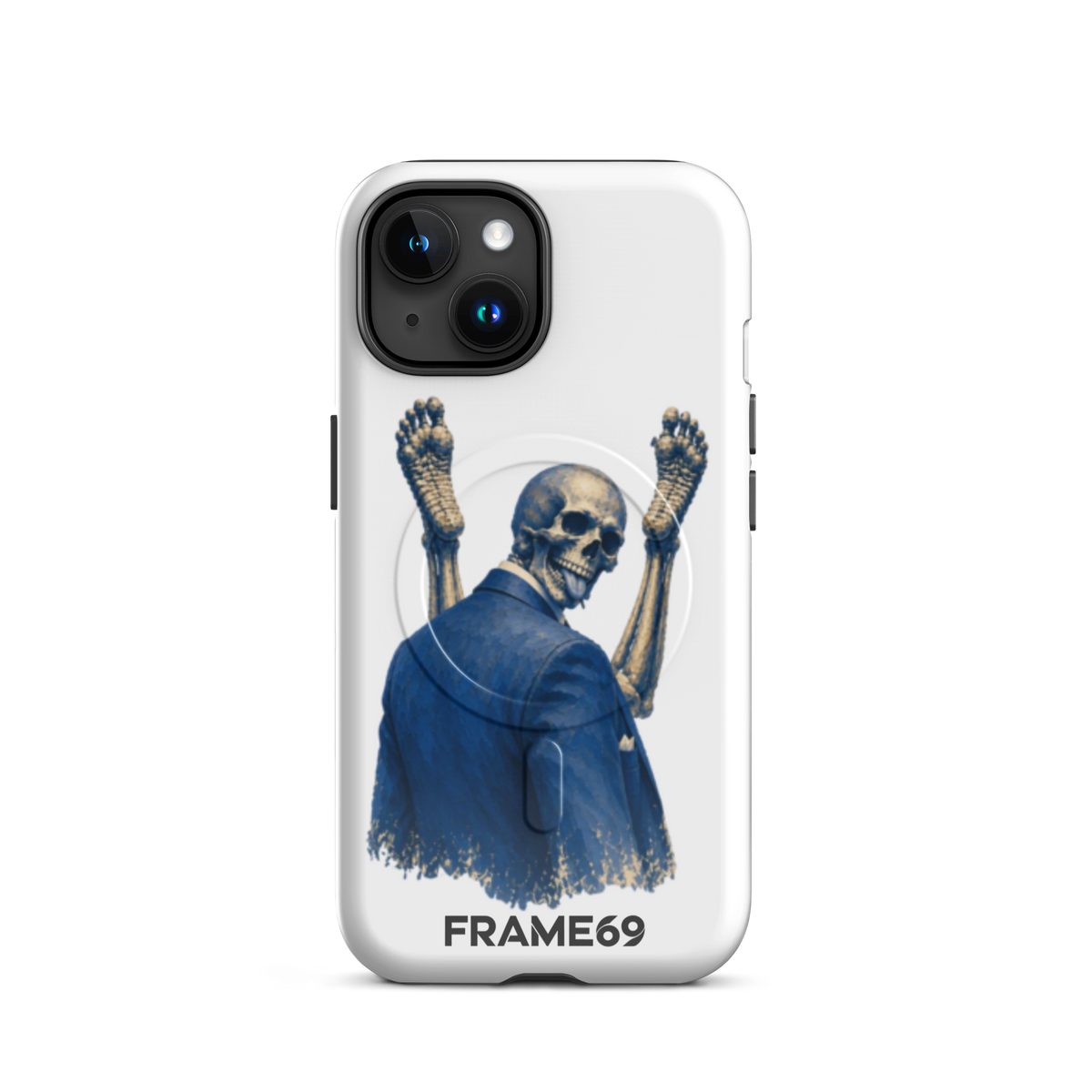 Minimal MagSafe phone case, white back with blue skeleton warrior art, black camera module.