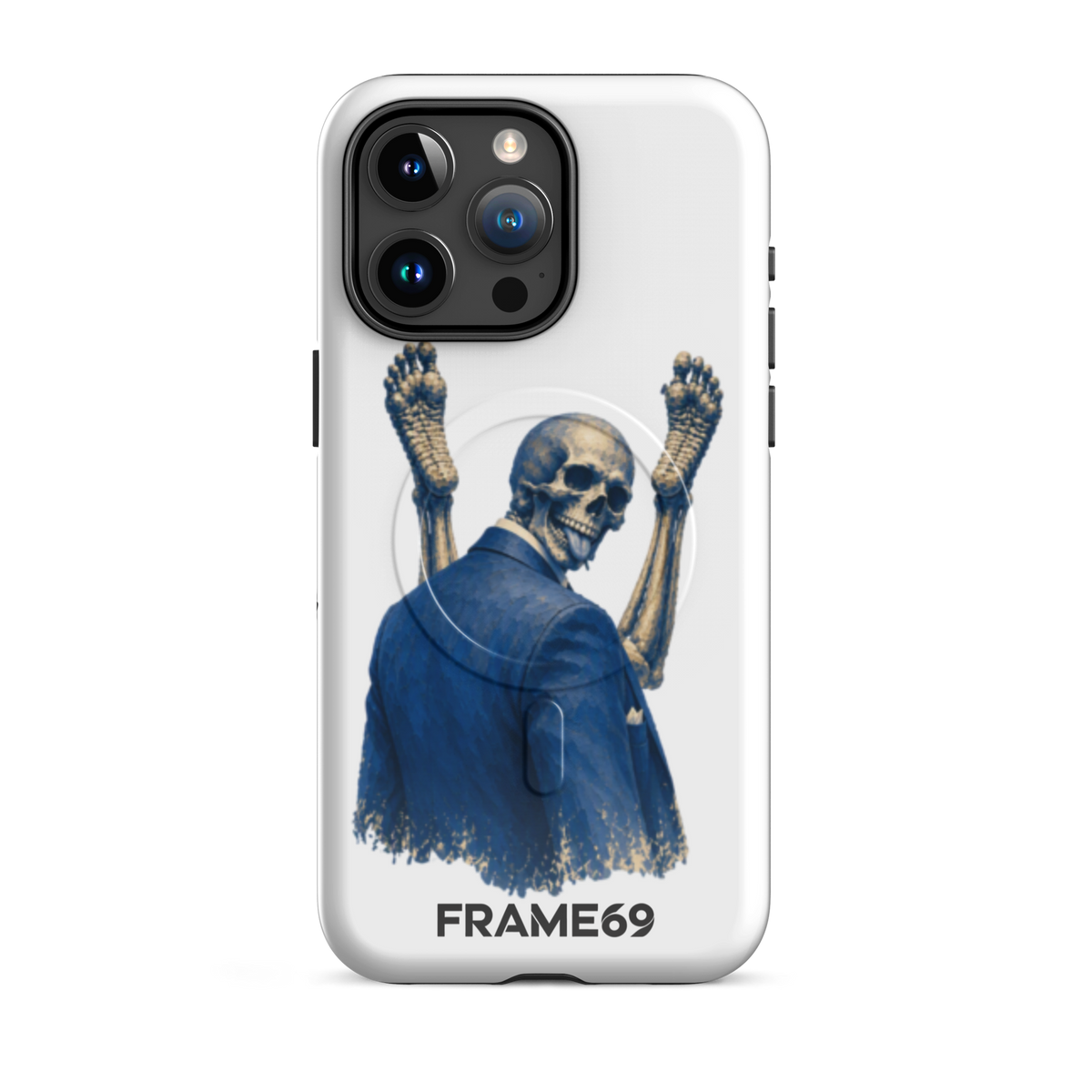 Minimal MagSafe phone case, white back with blue skeleton warrior art, triple camera cutout.