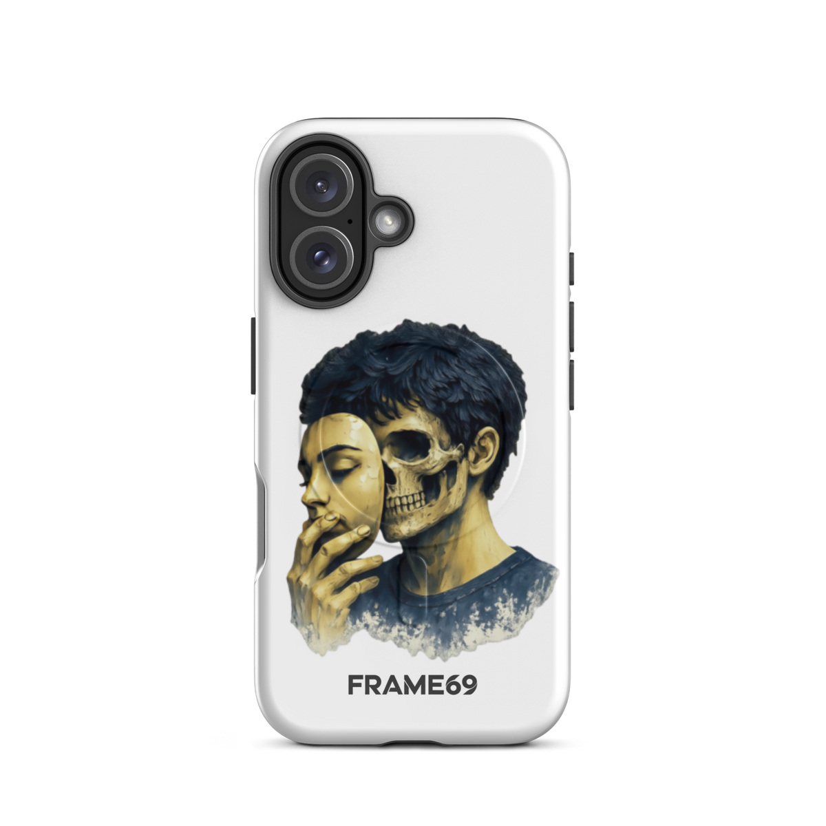Armoured MagSafe phone case featuring skull portrait artwork on white back, triple-lens camera
