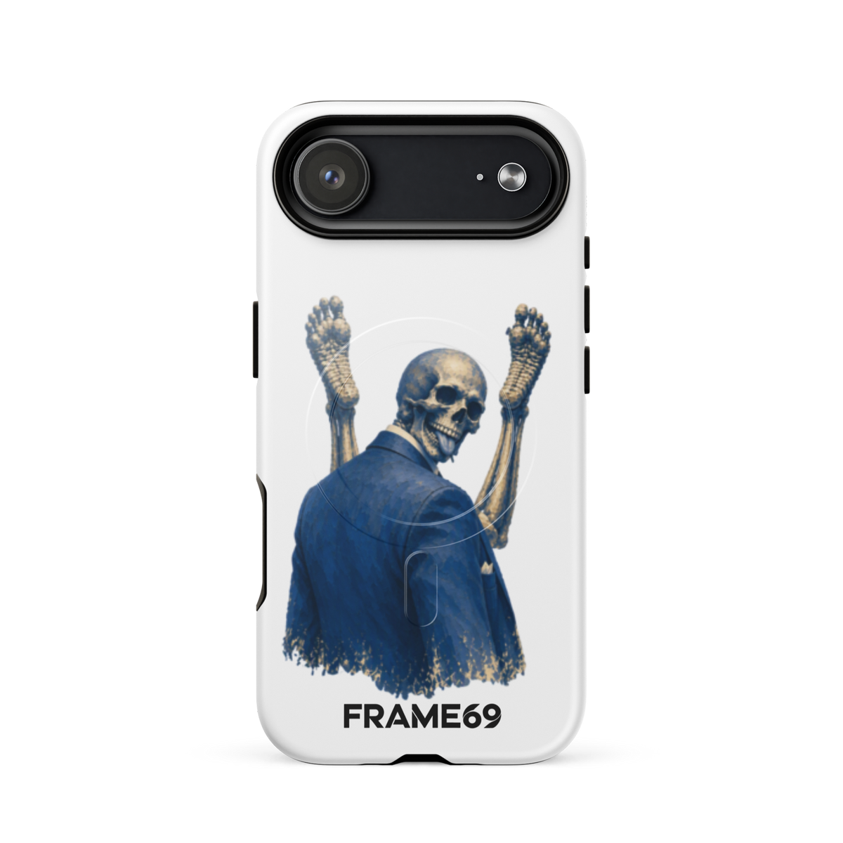 Minimal MagSafe phone case, white back with blue skeleton warrior art, horizontal camera bar detail.