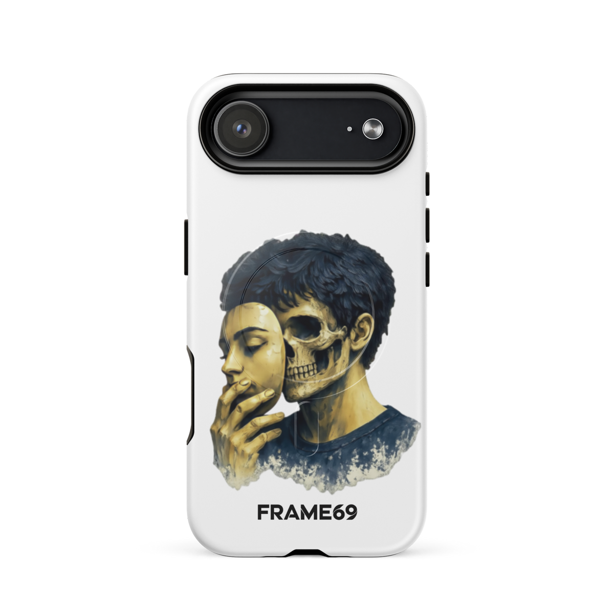 Armoured MagSafe phone case with skull portrait artwork on white back and top bar camera cutout