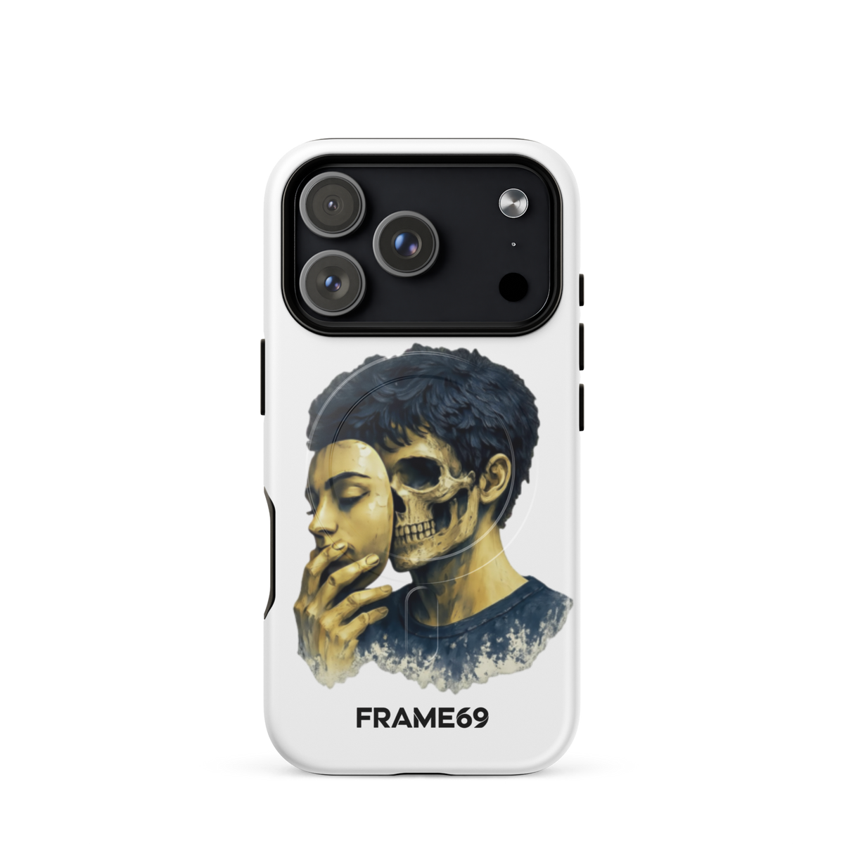 Armoured MagSafe phone case with skull portrait artwork on white back and multi-lens camera module