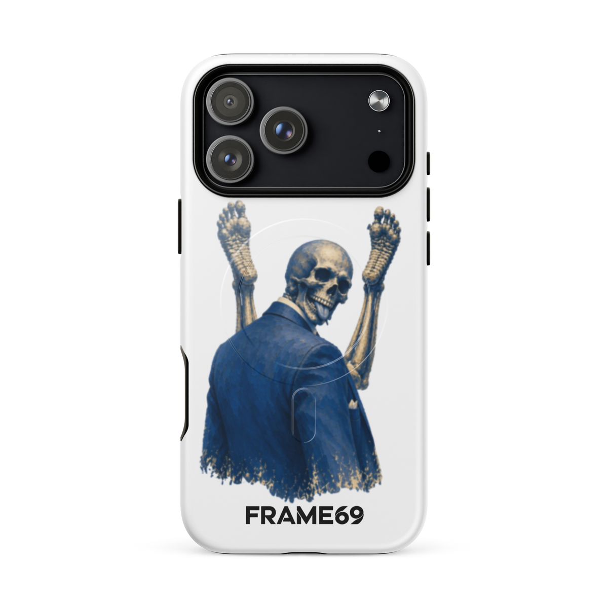 Minimal MagSafe phone case, white back with blue skeleton warrior art, black top camera panel.