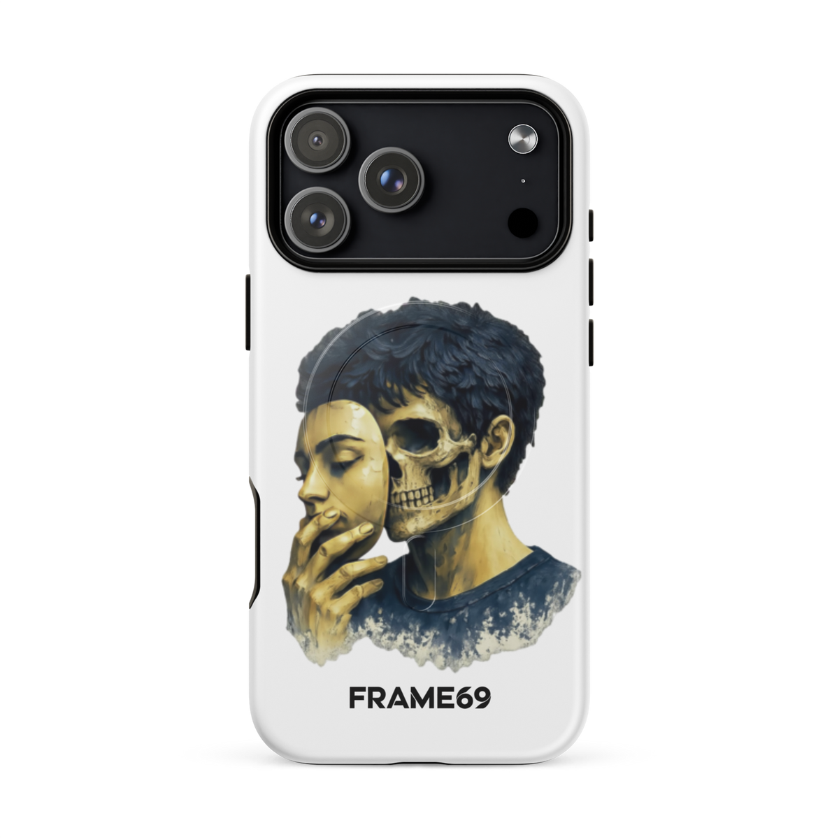 Armoured MagSafe phone case featuring skull portrait artwork on white back and multi-lens camera
