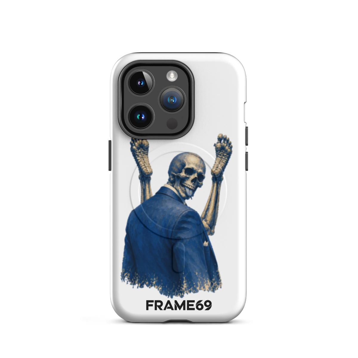 Minimal MagSafe phone case, white back with blue skeleton warrior art viewed from behind, camera bump.