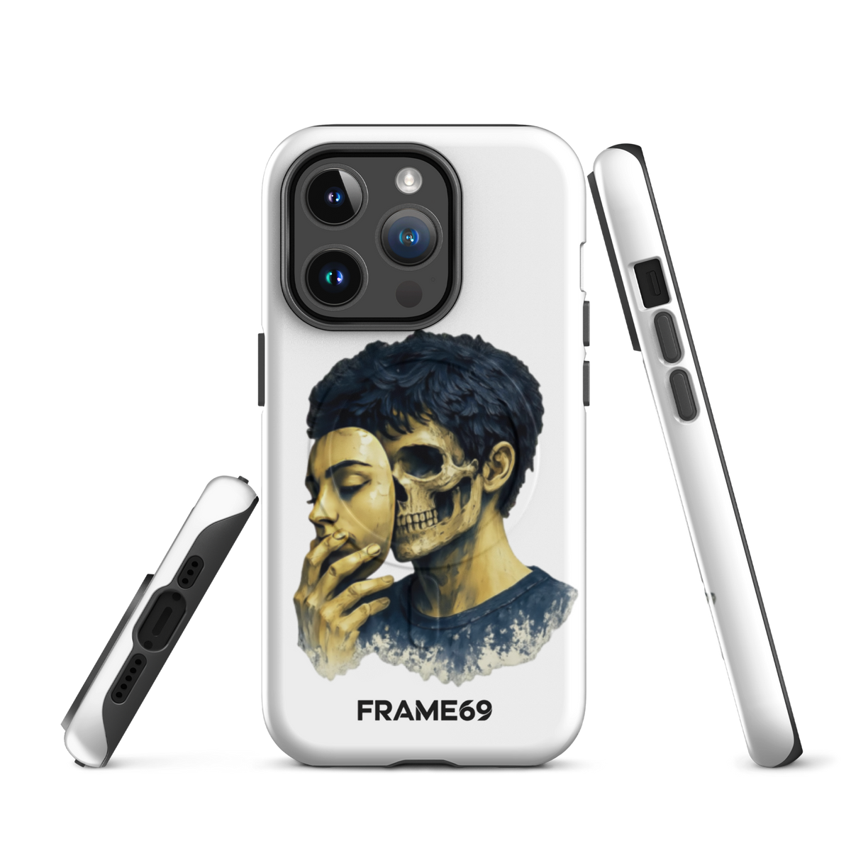 Armoured MagSafe phone case with skull portrait artwork on white back and side profile showing cutouts