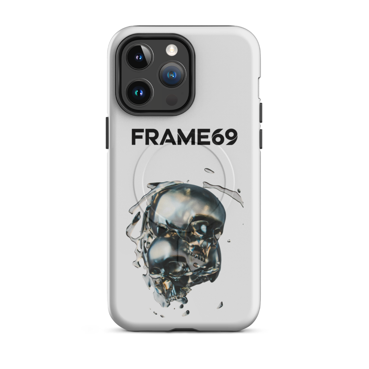 Light gray MagSafe phone case with skull graphic, FRAME69 logo, camera cutouts