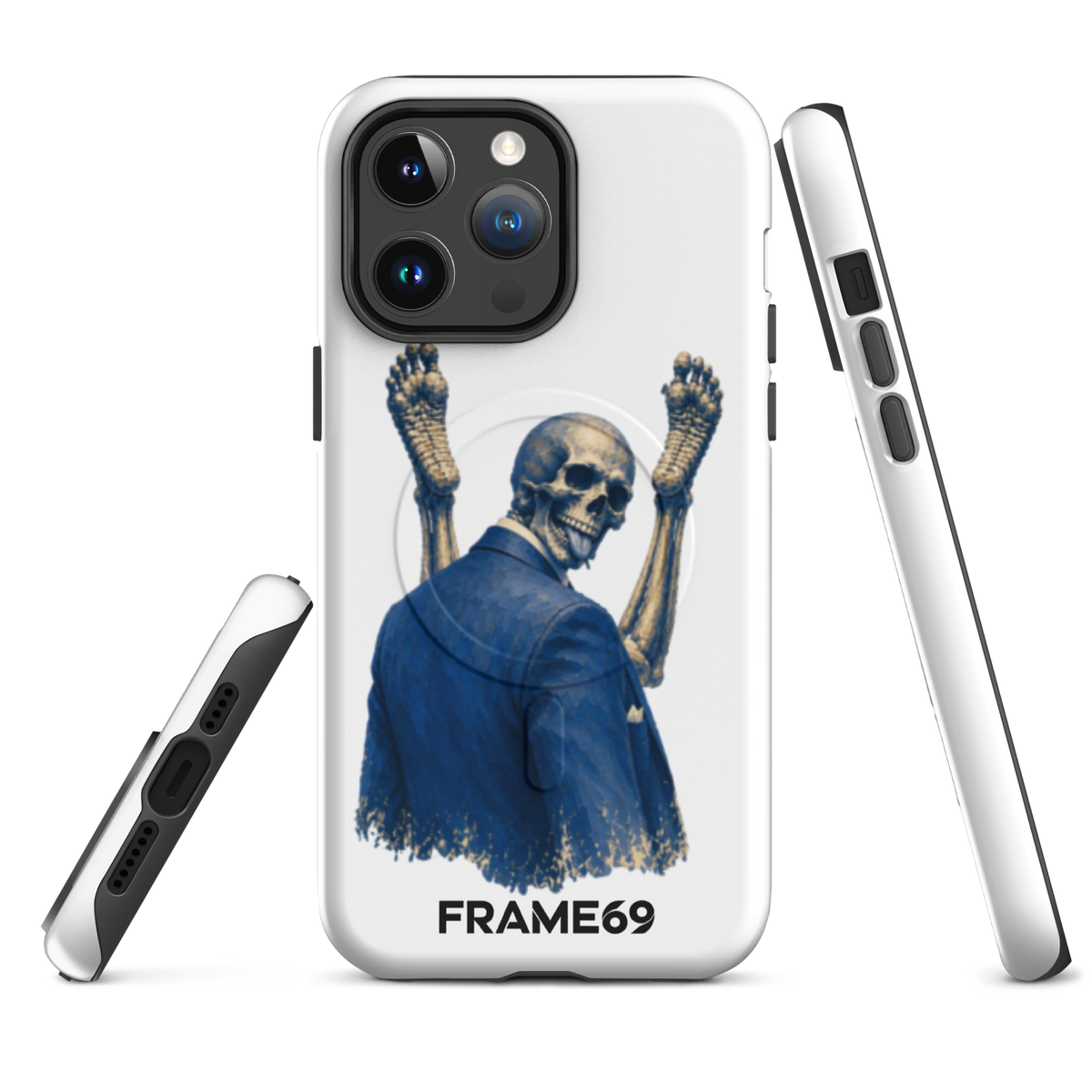 Minimal MagSafe phone case, white back with blue skeleton warrior art; side profile ports visible.
