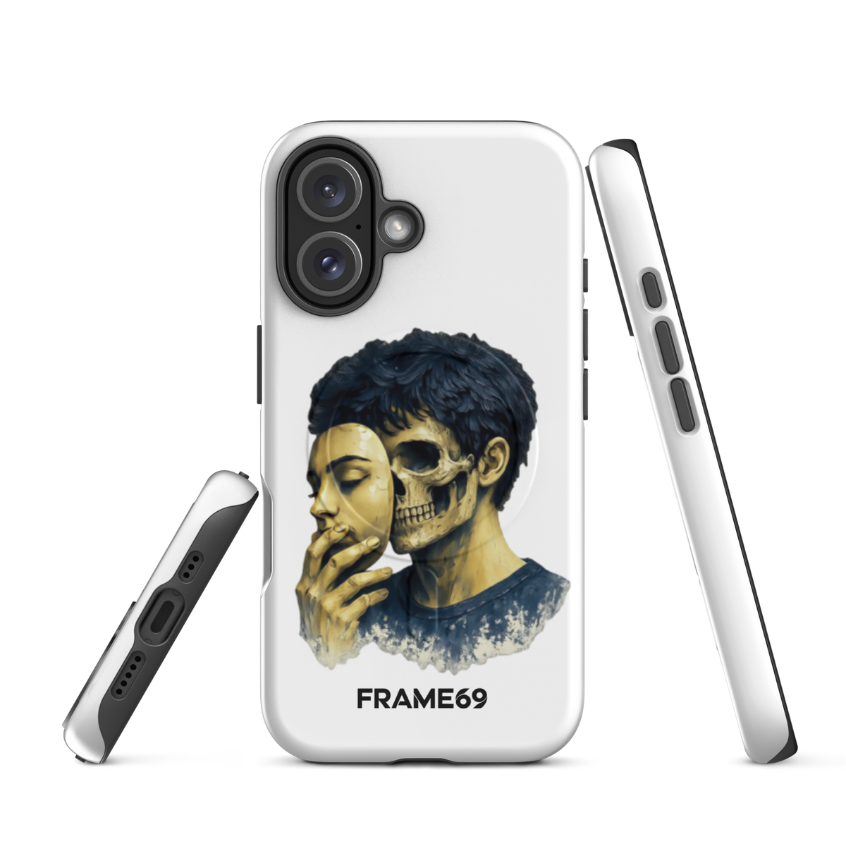 Armoured MagSafe phone case, white with skull portrait and camera cutouts