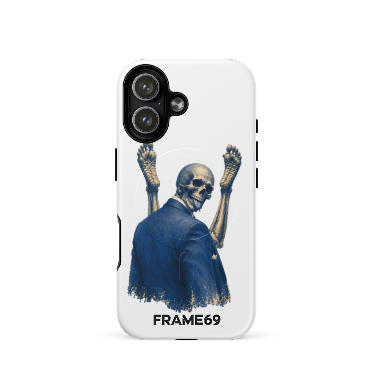 Minimal MagSafe phone case, white back with blue skeleton warrior art, dual-camera cutouts.