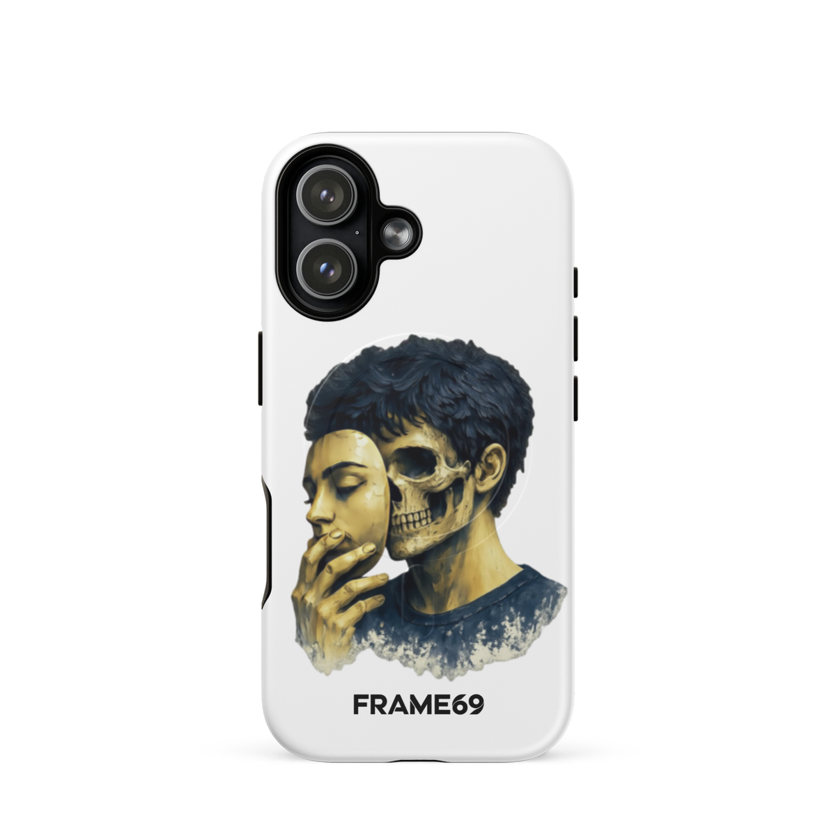 Armoured MagSafe phone case with skull portrait artwork on white back and raised camera housing