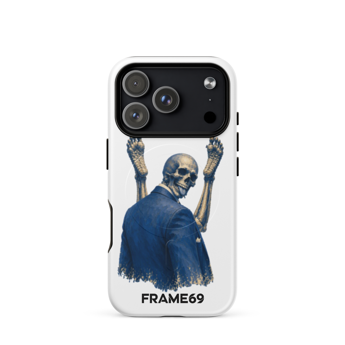 Minimal MagSafe phone case, white back with blue skeleton warrior art, black camera panel.