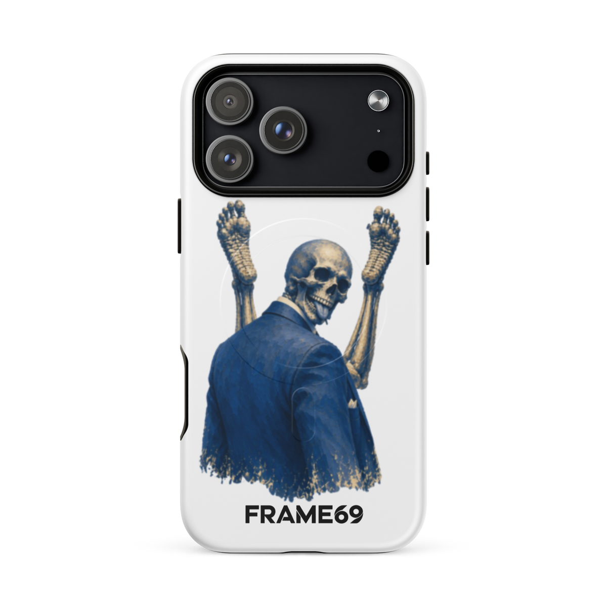Minimal MagSafe phone case, white back with blue skeleton warrior art, black top camera panel.