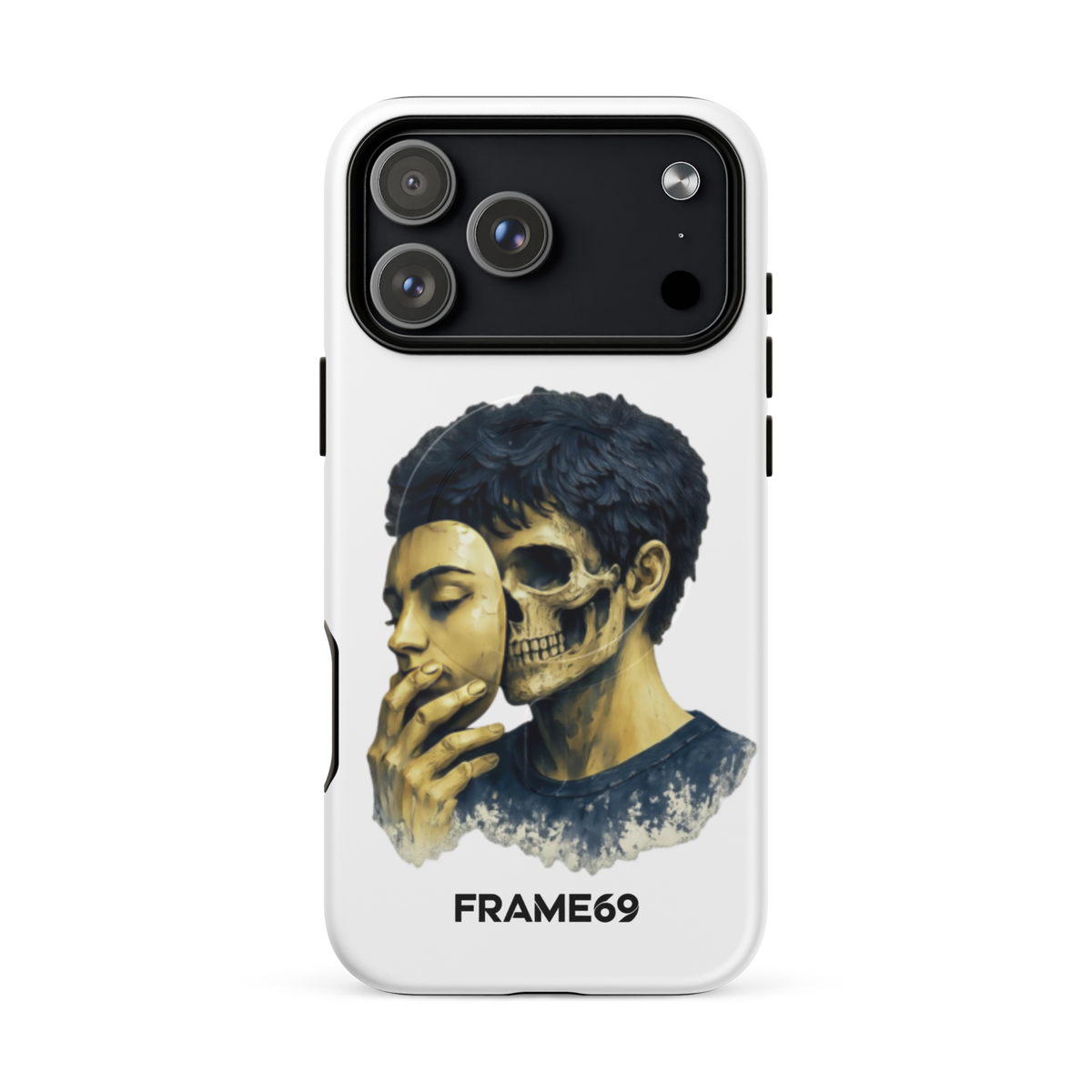 Armoured MagSafe phone case with skull portrait artwork on white back and raised multi-lens camera