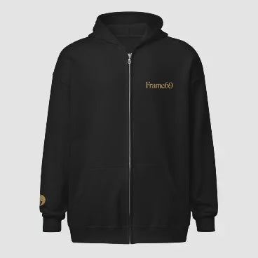 Zip hoodie with Frame69 back graphic, shown in motion