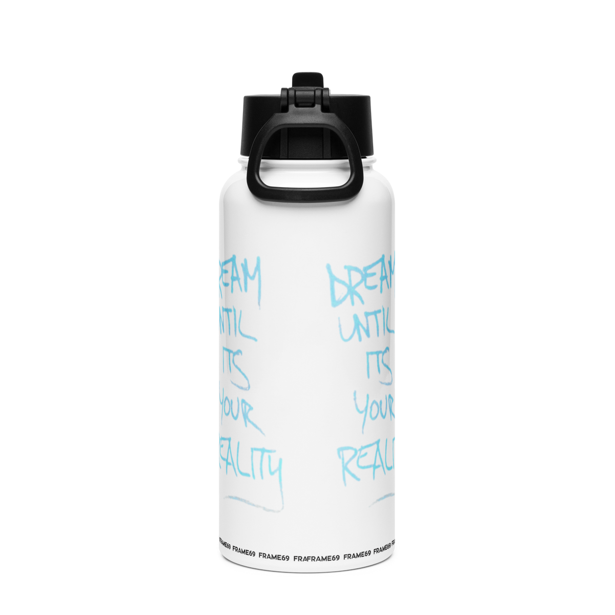 White insulated straw bottle with black carry handle and blue motivational text