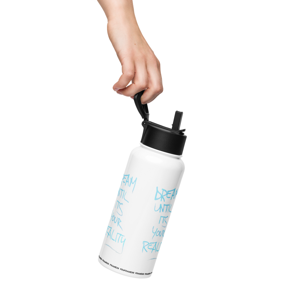 White insulated straw bottle in hand with black lid and blue motivational quote