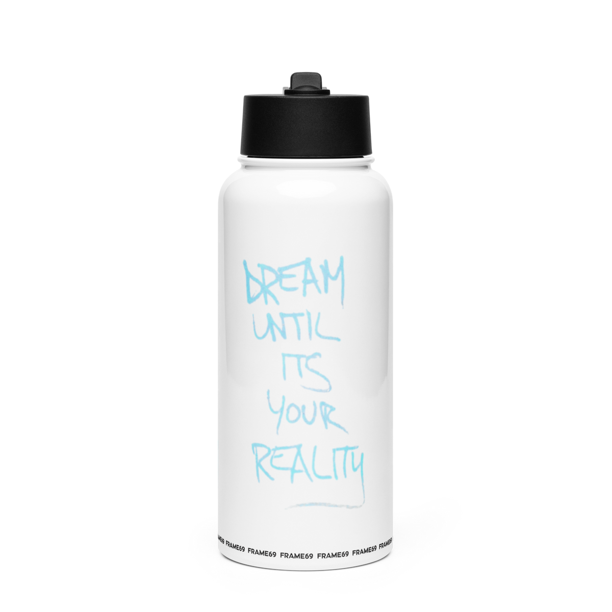 White insulated straw bottle with black top and blue motivational quote on front