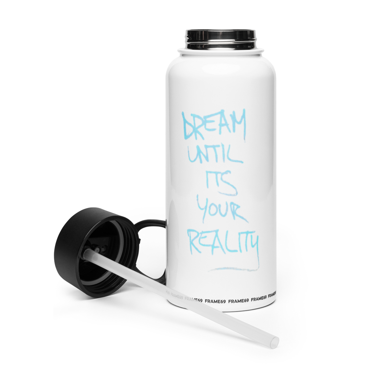 White insulated straw bottle with black lid open and blue motivational text