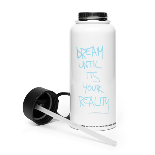 White insulated straw bottle with black lid open and blue motivational text