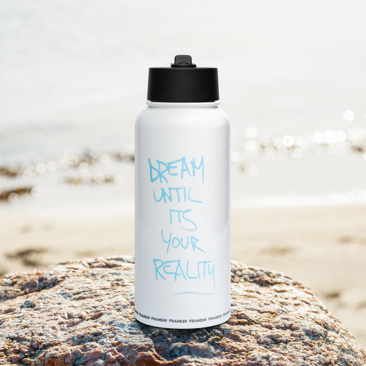White insulated straw bottle with black lid and blue motivational quote