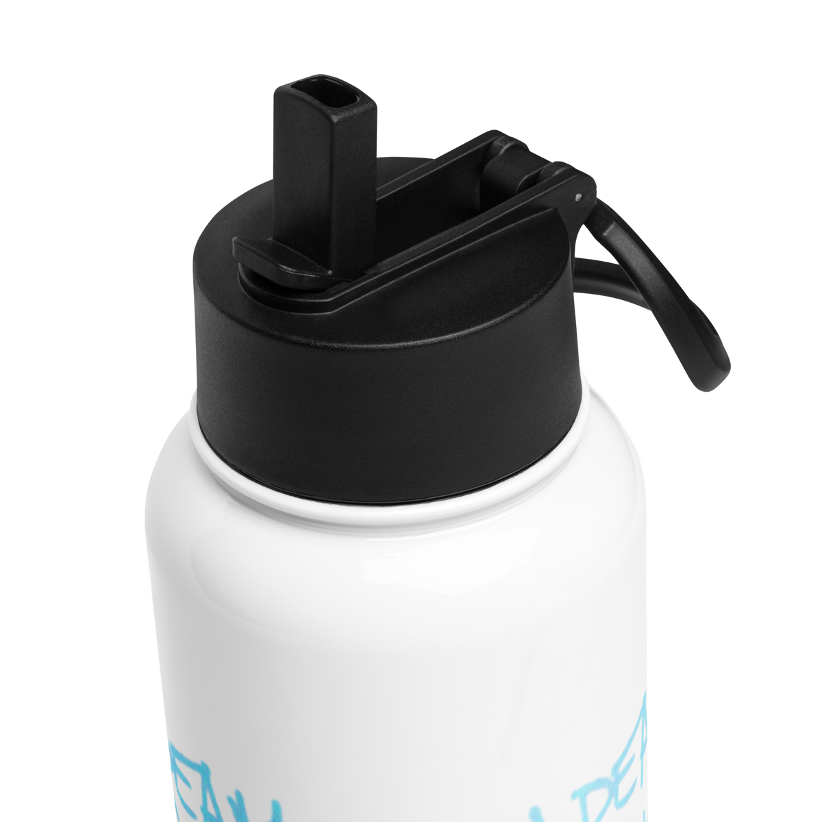 Insulated straw bottle top close-up: black straw lid on white bottle body
