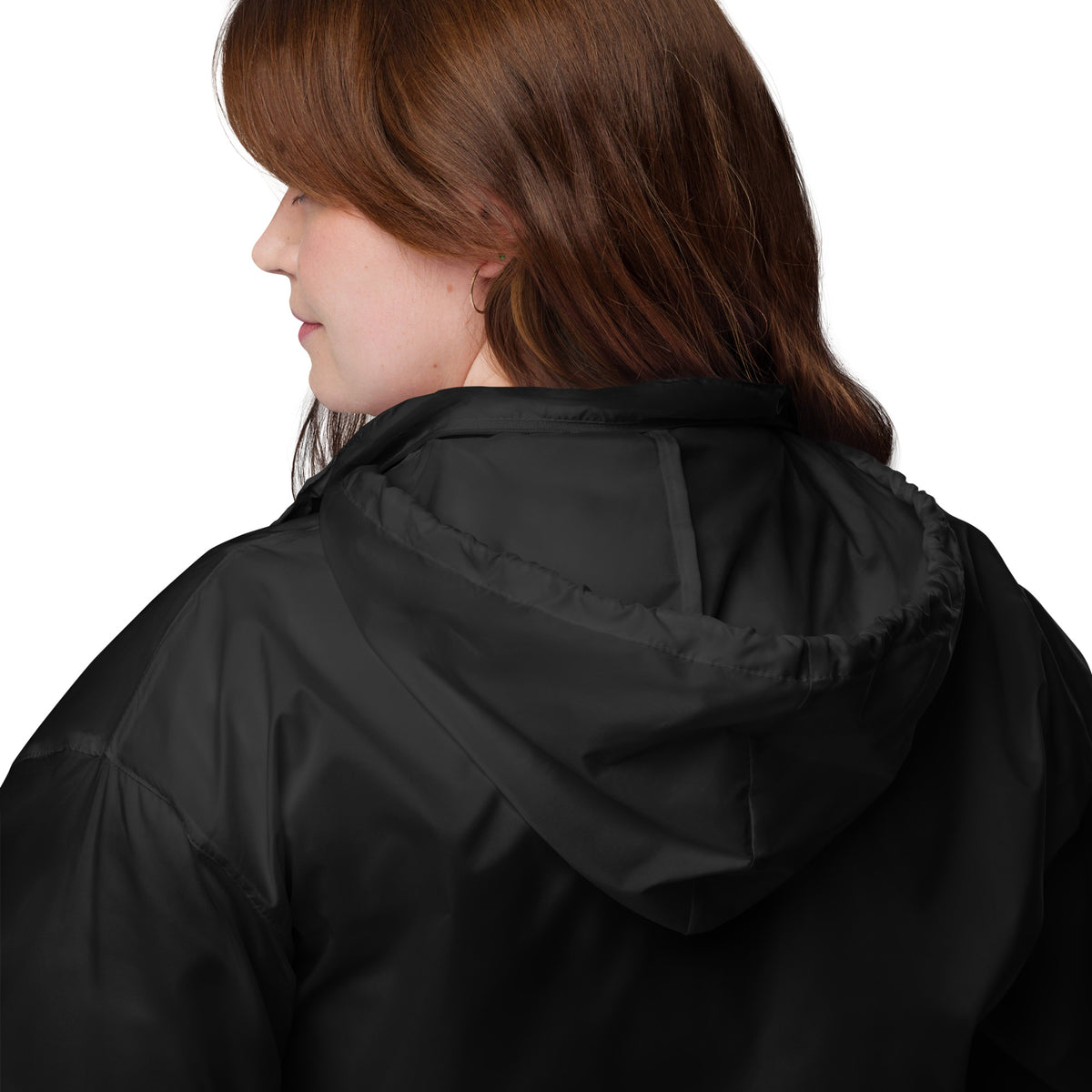Black windbreaker jacket hood and back yoke detail
