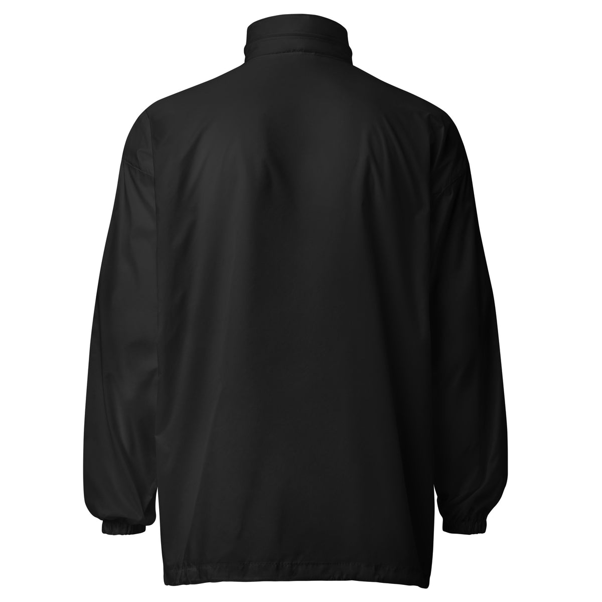 Black windbreaker jacket back view with hood, ribbed cuffs, and hem