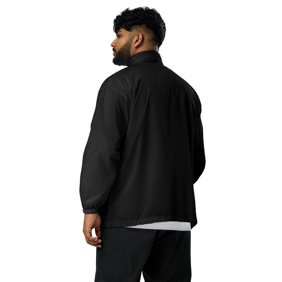 Black windbreaker jacket with stand collar and full-length zip front